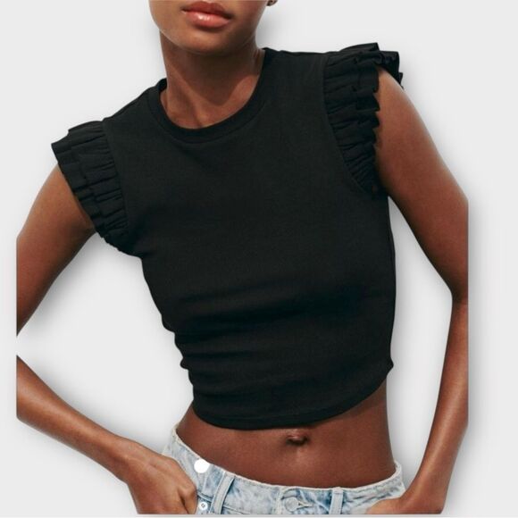 Zara Ribbed Flutter Sleeve Crop Top in Black Women’s Size L - Picture 7 of 7